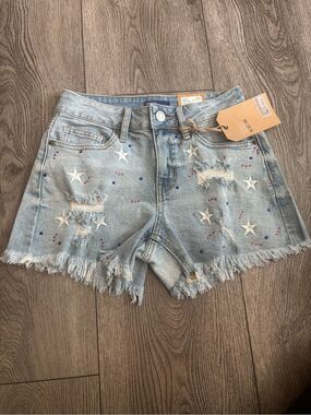 Project indigo Light Blue Distressed Star Embroidered Denim Shorts